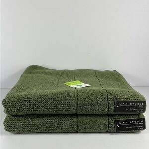 2 Pc Max Studio Bath Towel Set Olive Green Plush 100% Cotton 30" x 56" NEW